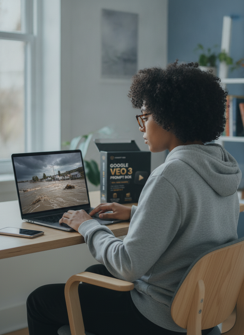 A diverse video creator in a home office, focused on a laptop screen showing a high-end flood sequence for a documentary. Nat