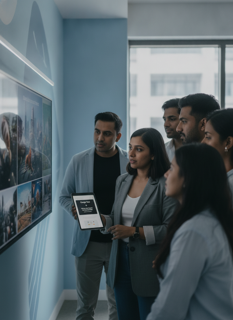 South Asian advertising professionals in a Delhi agency present AI-generated storyboards on a monitor, holding a tablet displ