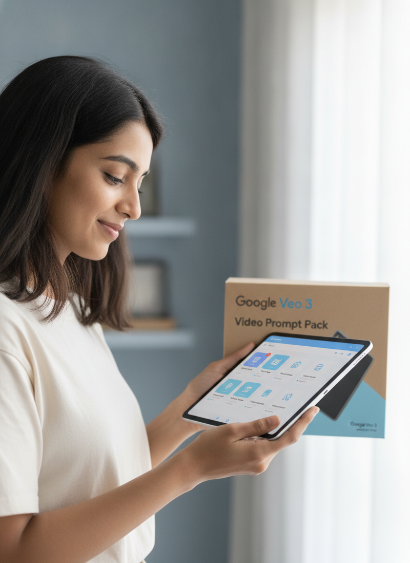 A young South Asian woman in Pune unboxes the Google Veo 3 Video Prompt Pack on her tablet, smiling subtly.
