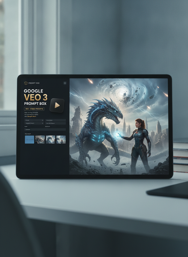Side-by-side comparison on a screen, showing a raw Veo 3 interface next to a finished cinematic shot of a creature, disaster,