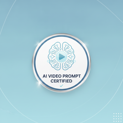 A modern badge icon for AI video editing, featuring an abstract AI brain or neural network with video play button elements in